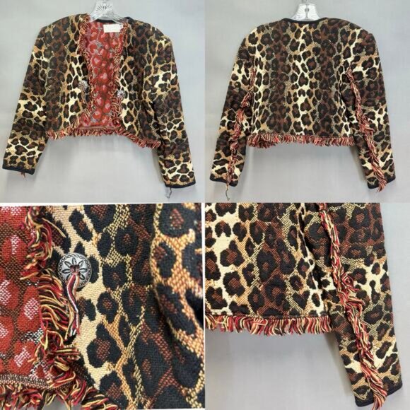 Vintage Cache Leopard Print Woven Fringe Bolero Blanket Jacket Size Small Cotton - Picture 15 of 16